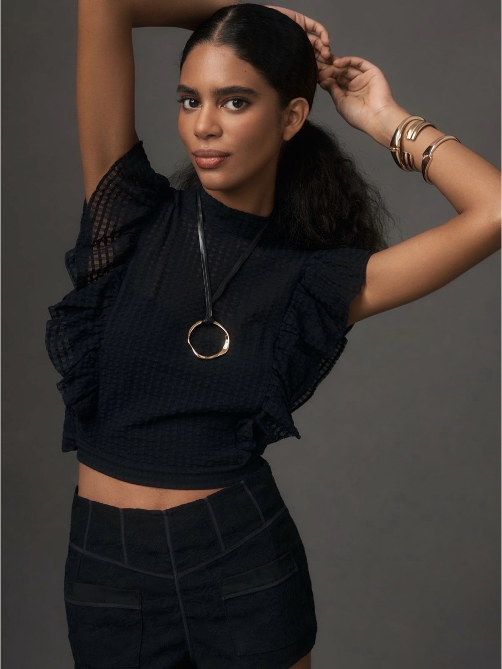Maeve for Anthropologie Black Ruffle Cropped Mesh Top